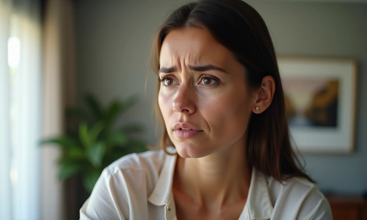 Mulher com expressão preocupada, mas calma, em apartamento moderno.