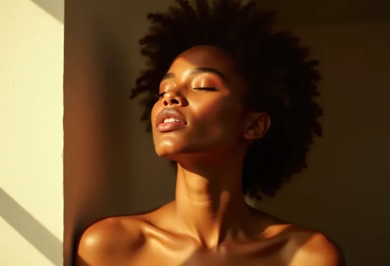 Mulher com expressão serena sob luz natural, representando resiliência