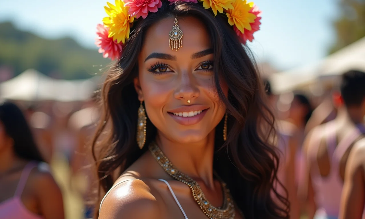 Mulher com flores de cabelo e glitter.