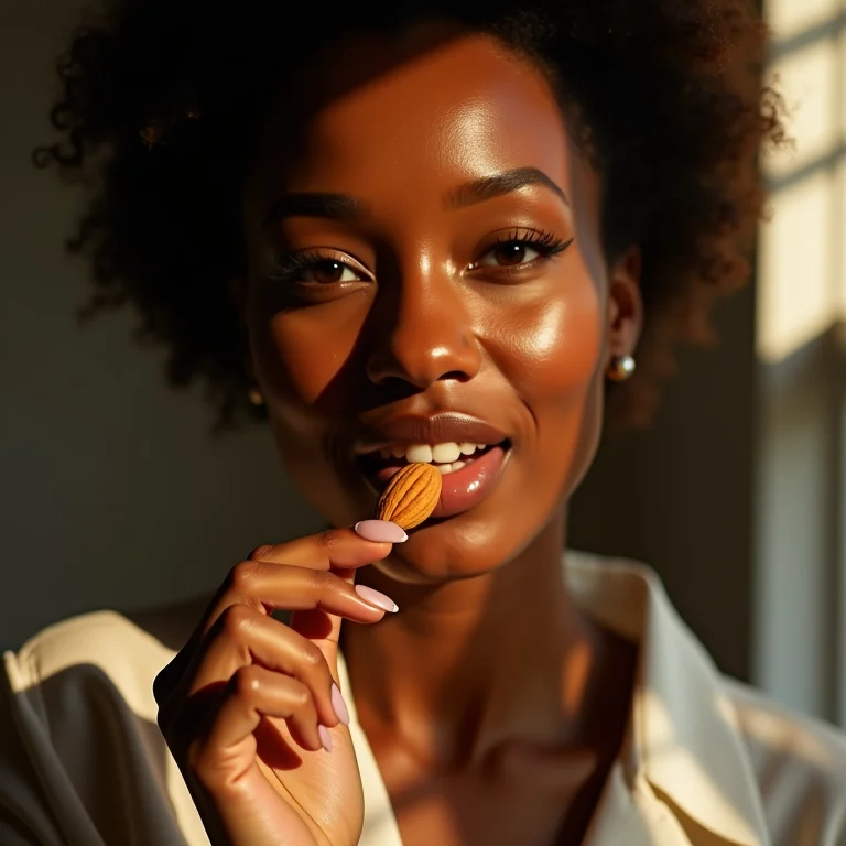 Mulher com pele radiante comendo amêndoas