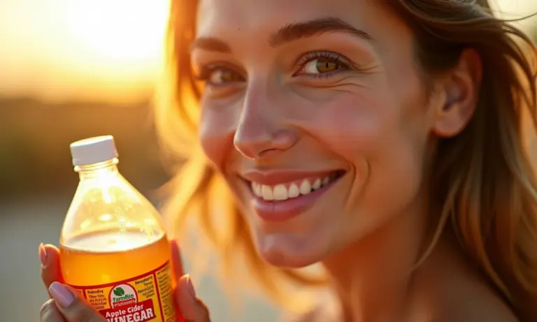 Mulher com pele radiante segurando vinagre de maçã.