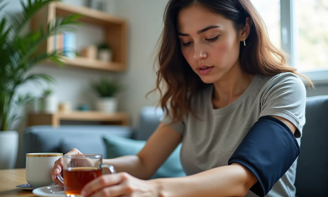 Mulher com pressão alta tomando chá de folha de amora.