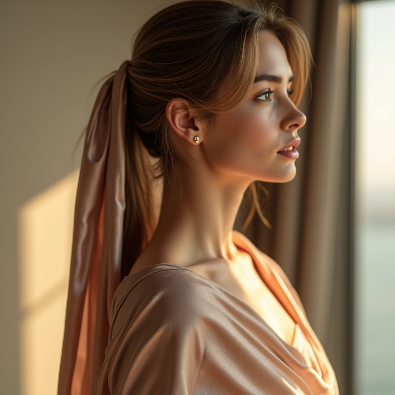 Mulher com rabo de cavalo lateral e lenço.