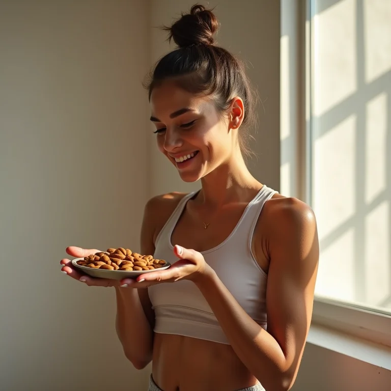 Mulher com roupa de ginástica comendo amêndoas.