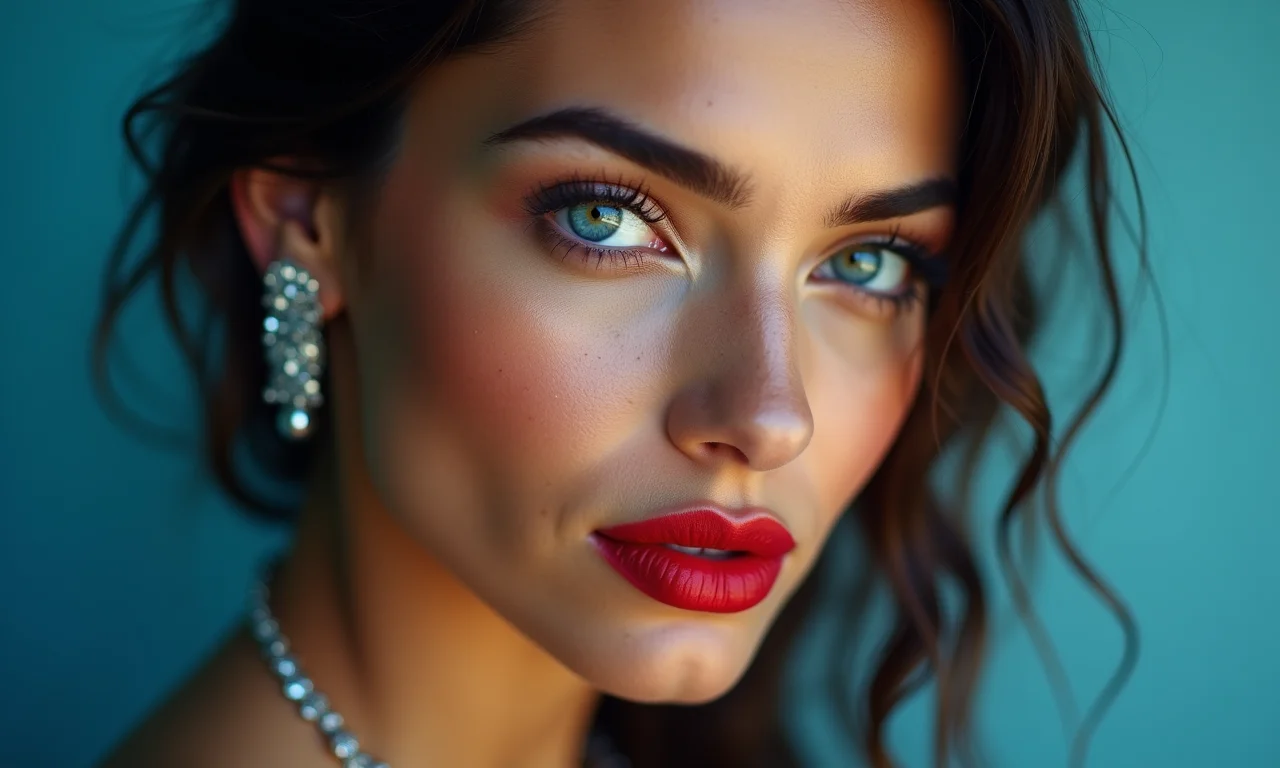 Mulher com subtom frio usando batom vermelho com fundo azulado e joias prateadas.