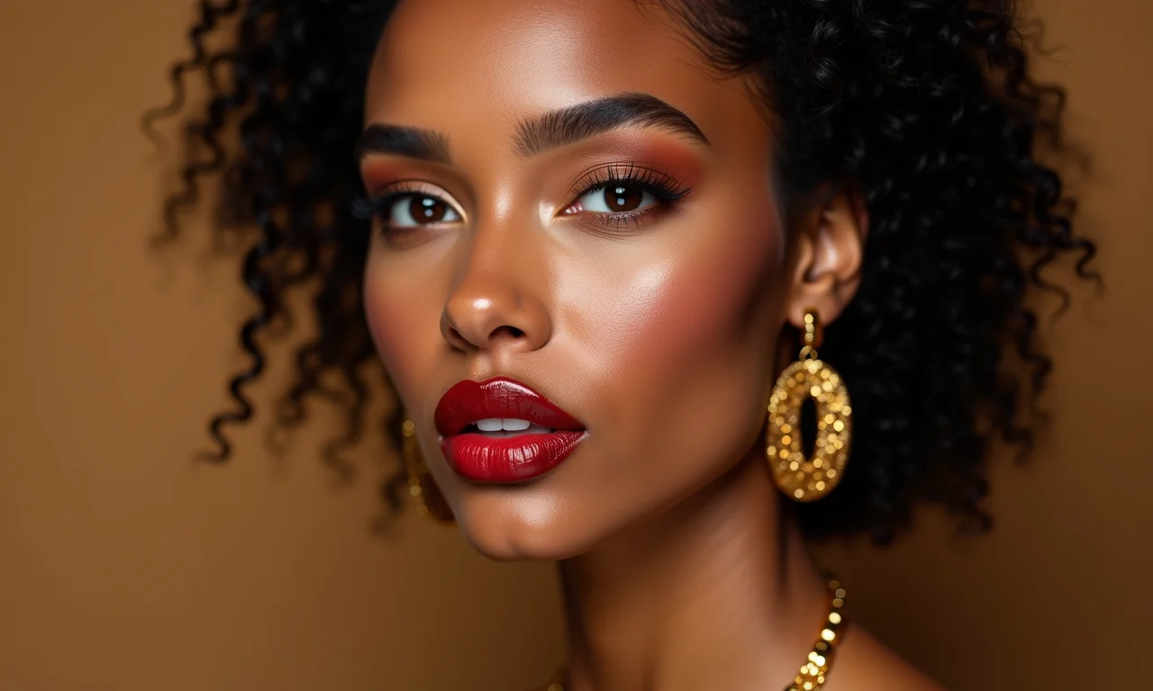 Mulher com subtom quente usando batom vermelho tijolo e joias douradas.