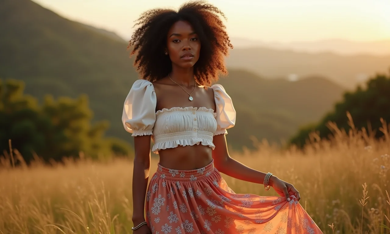 Mulher com top cropped de manga bufante e saia floral.