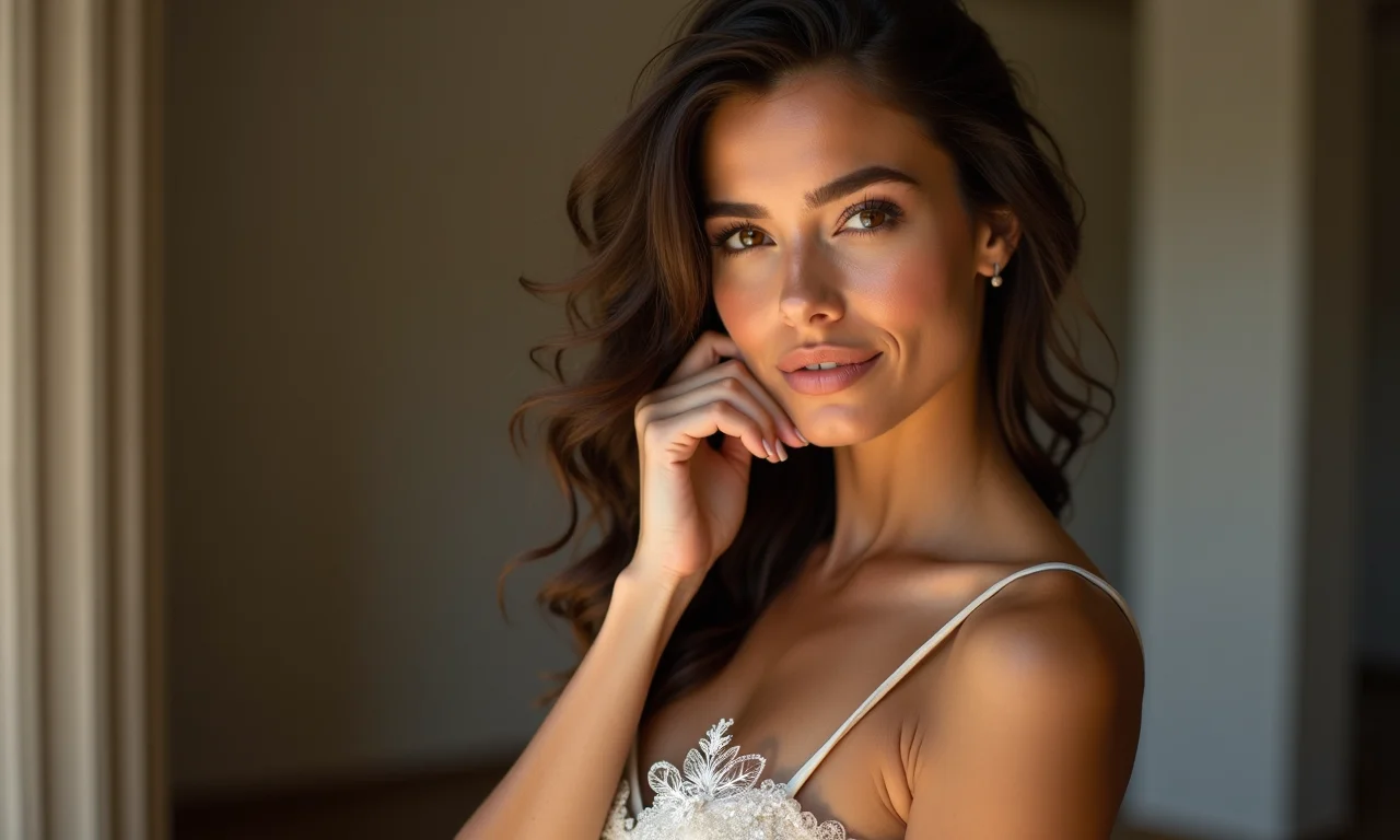 Mulher com voilette elegante e aplicações.