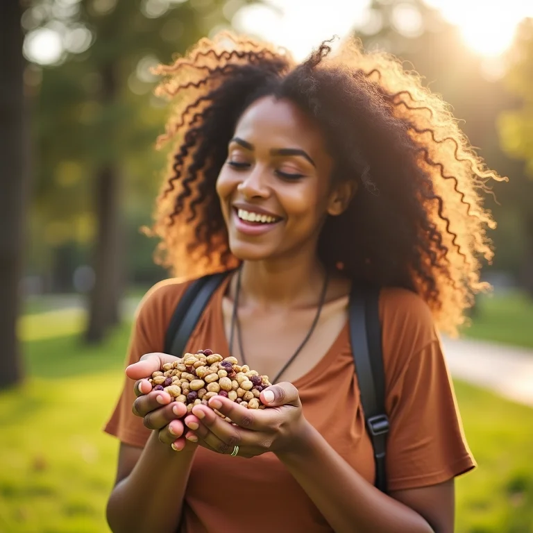 Mulher comendo castanhas durante trilha