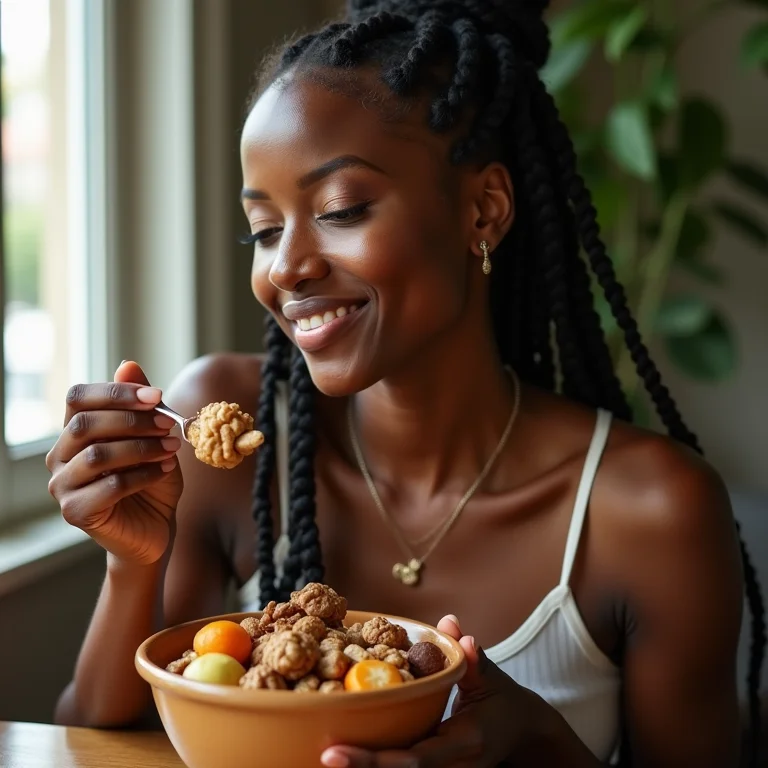 Mulher comendo frutas e castanhas.