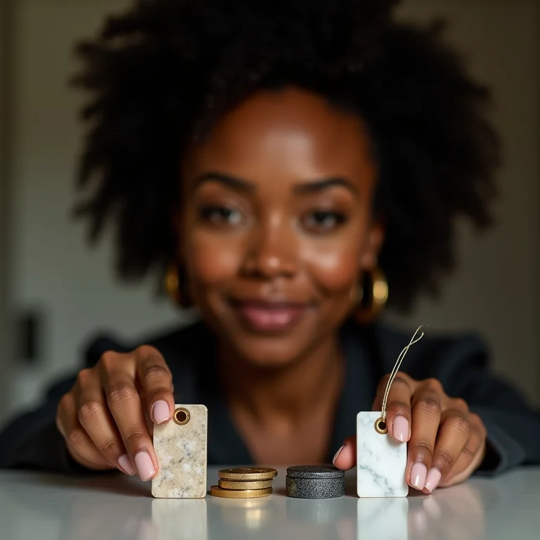 Mulher comparando o preço de amostras de granito e mármore
