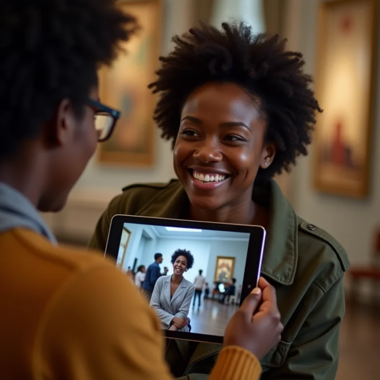 Mulher compartilhando uma experiência de museu virtual com uma amiga.