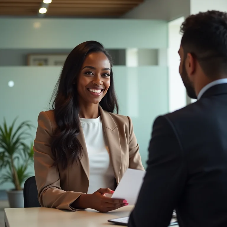 Mulher comunicando um pedido claro e específico no ambiente de trabalho.
