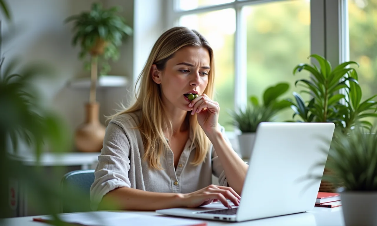 Mulher concentrada comendo azeitonas enquanto trabalha no computador.