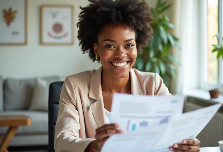 Mulher confiante negociando dívidas em casa