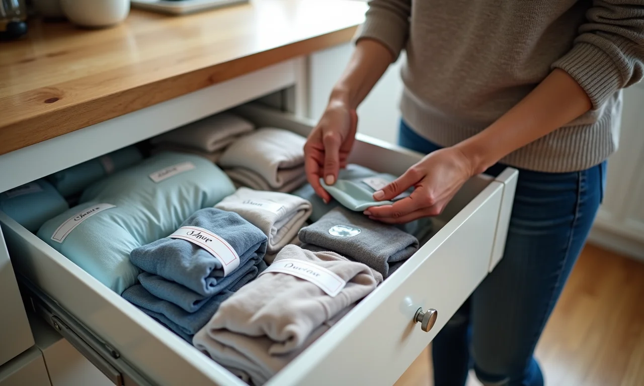Mulher congelando meias-calças em gaveta organizada.