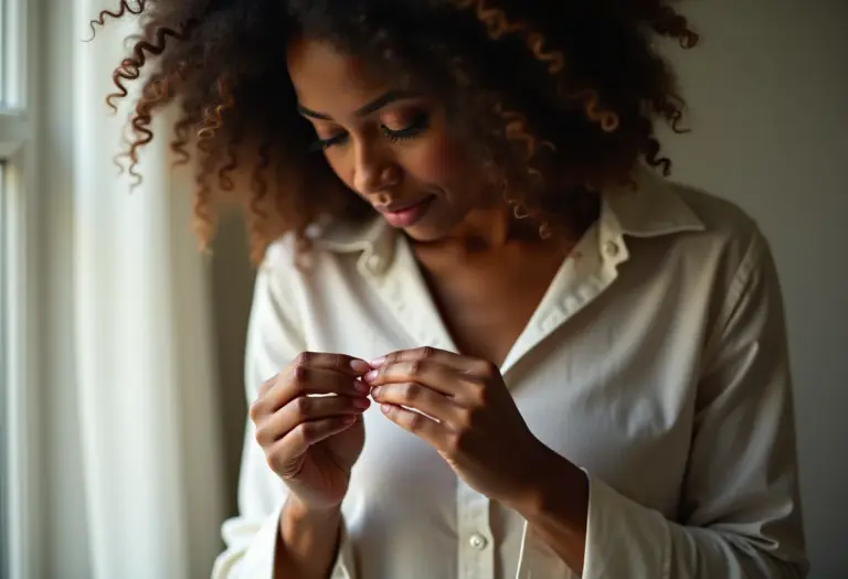 Mulher consertando furo em roupa com remendo invisível