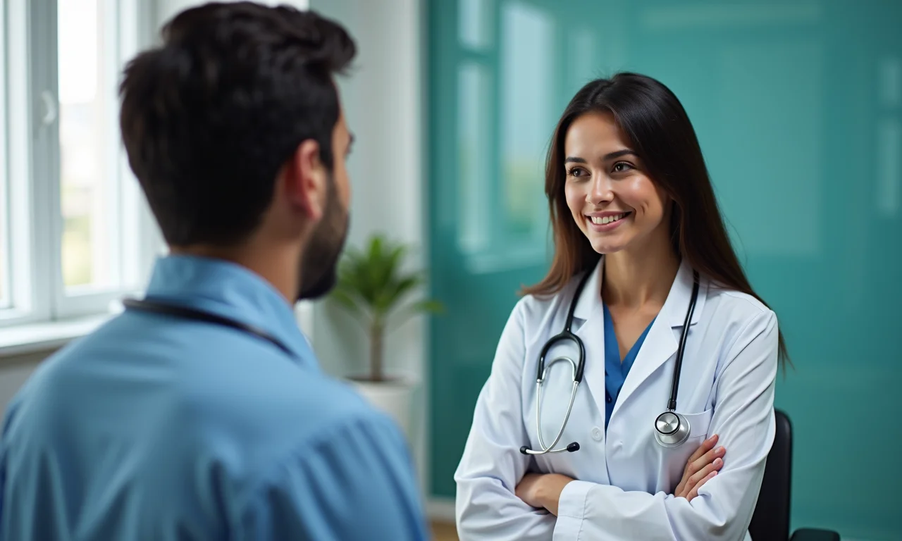 Mulher conversando com seu médico sobre questões de saúde menstrual.