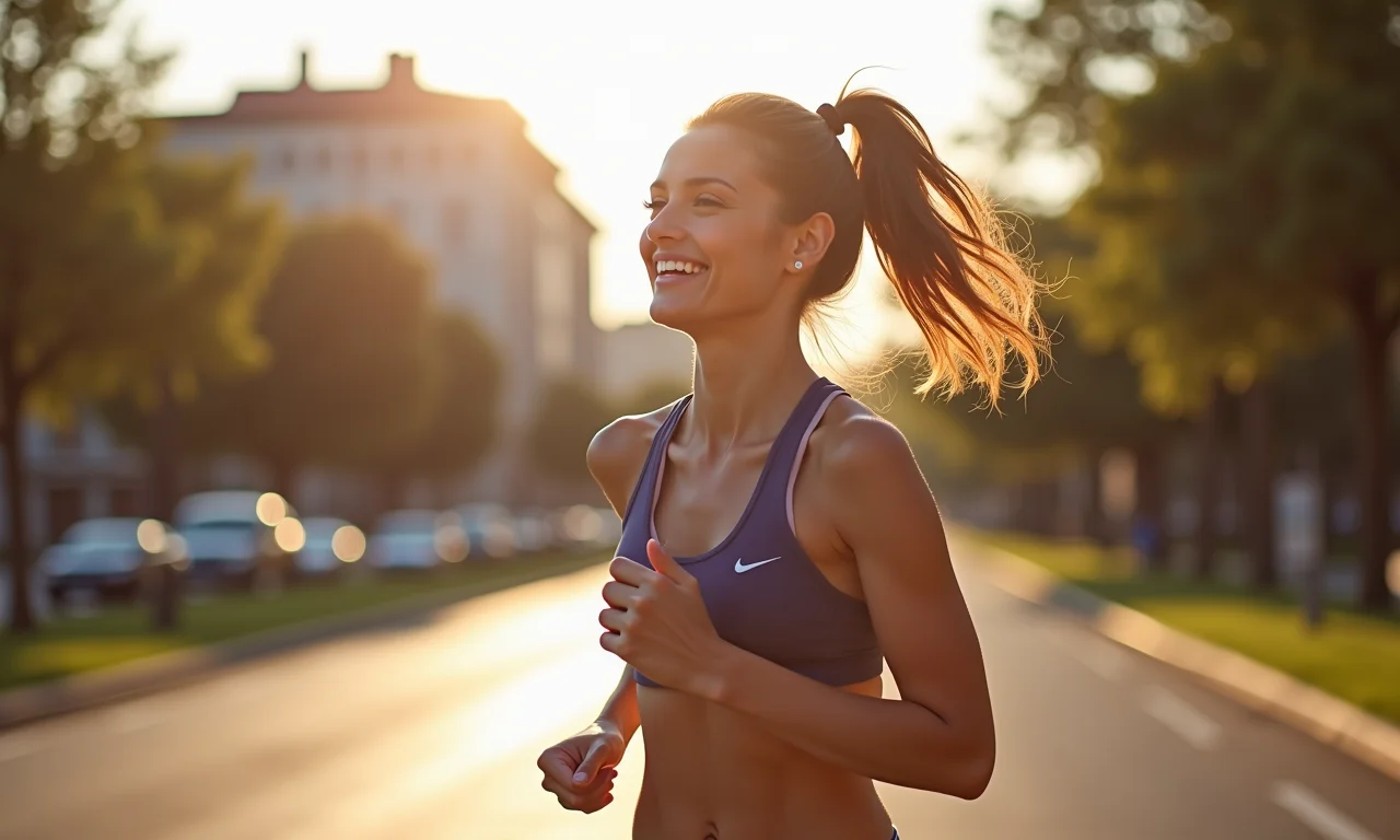 Mulher correndo ao ar livre, sentindo-se energizada e revigorada.