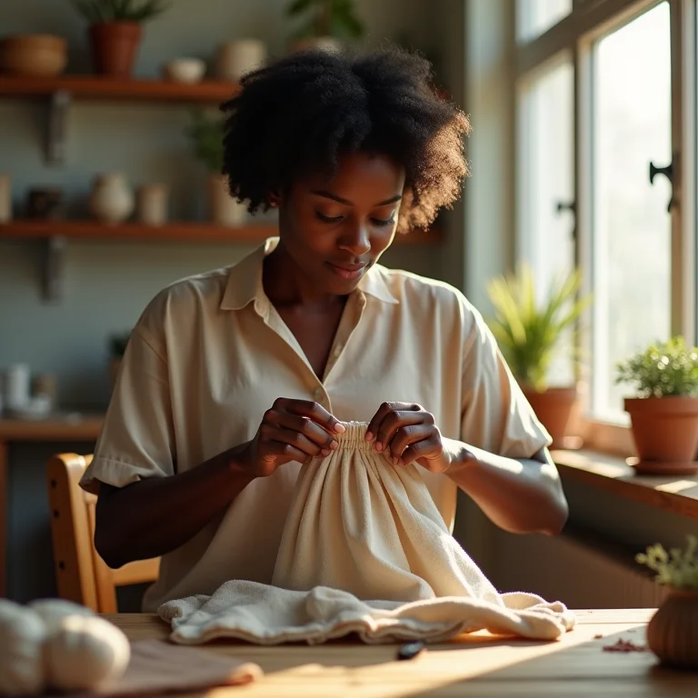 Mulher costurando saquinho de tecido.