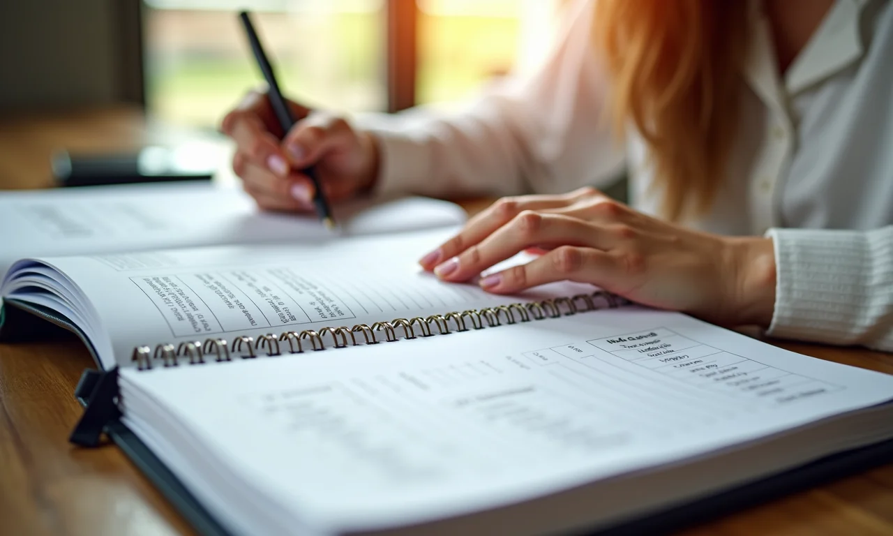 Mulher criando uma lista de tarefas detalhada em seu planejador.