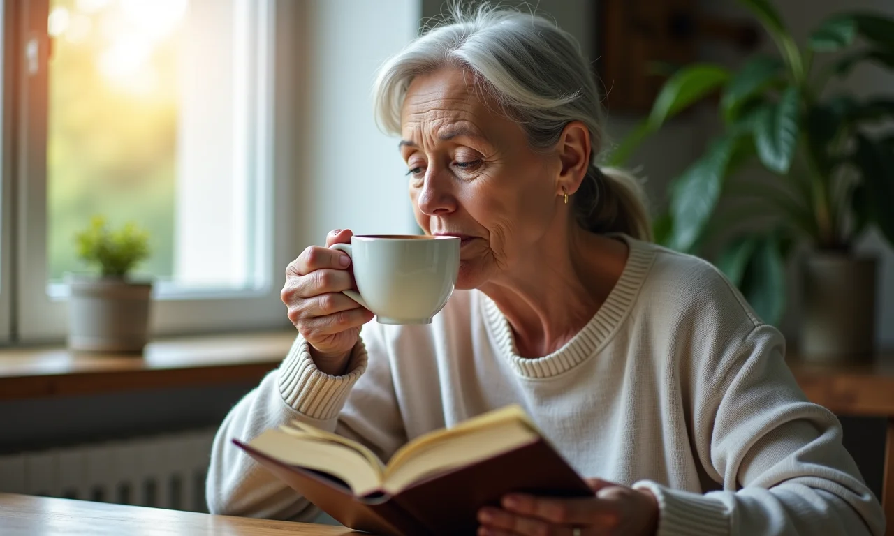 Mulher de meia-idade tomando chá e lendo sobre menopausa.