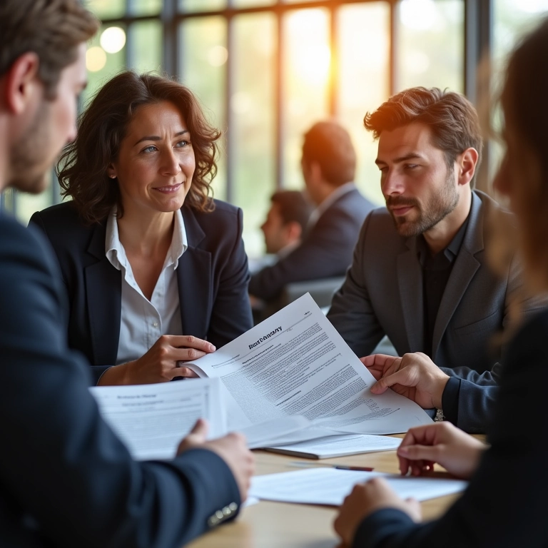 Mulher de negócios explicando tipos de procuração em escritório iluminado.