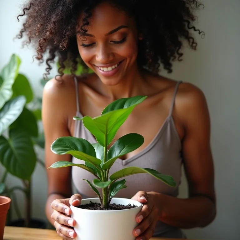 Mulher de pele bronzeada e cabelos cacheados regando uma Fitônia.