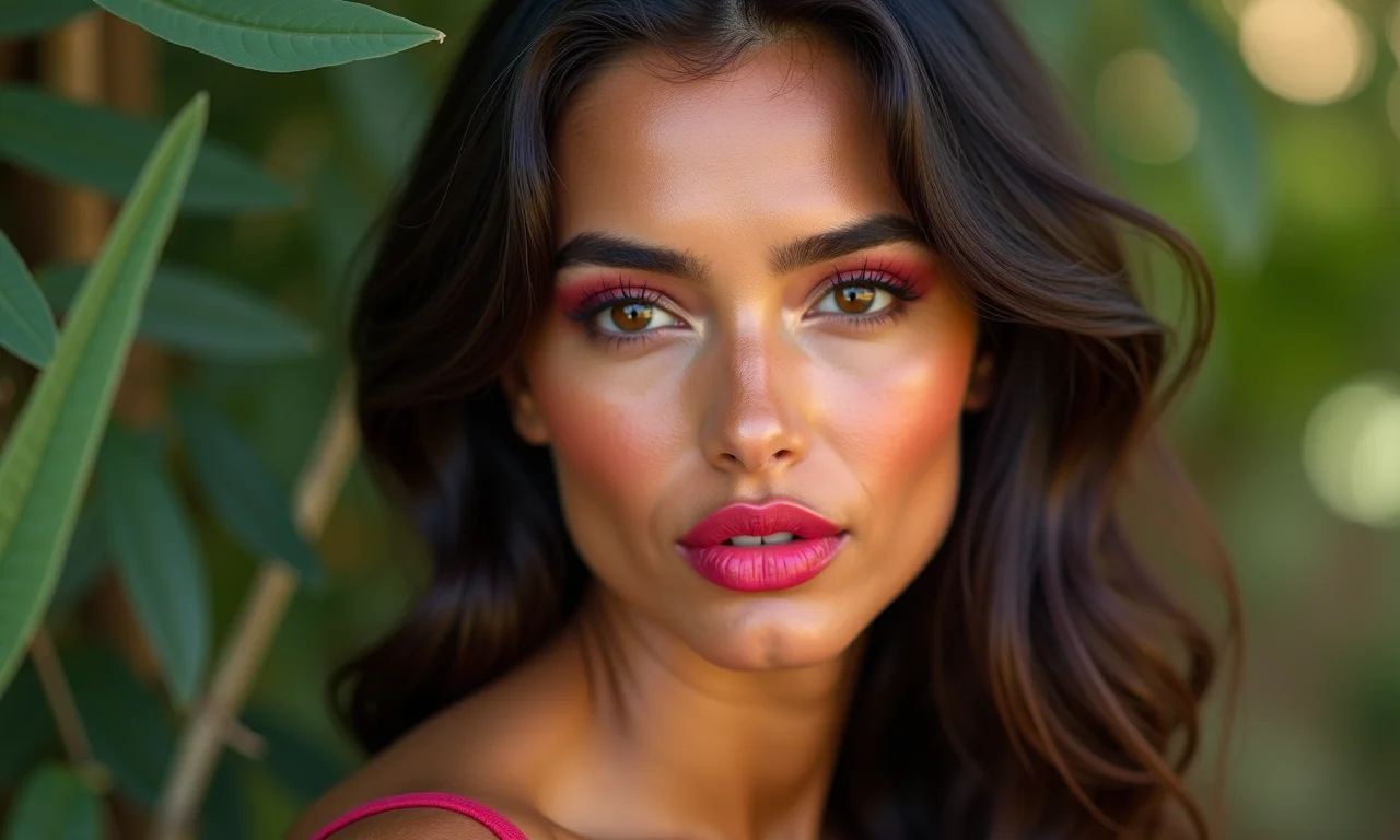 Mulher de pele clara com batom vermelho rosado e blush cereja.