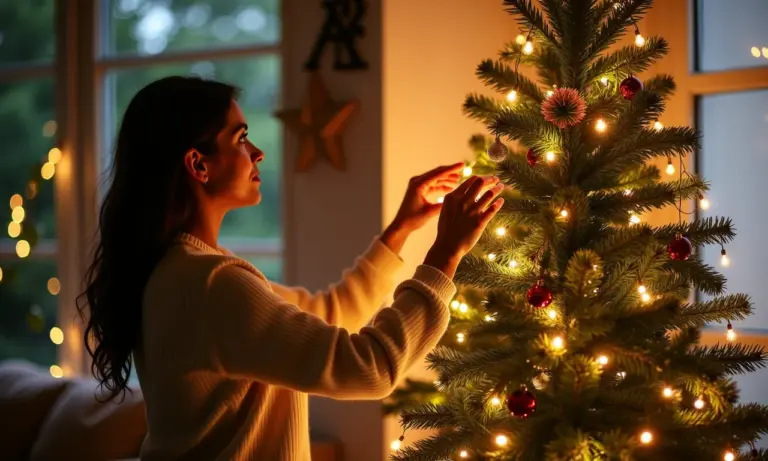 Mulher decorando árvore de Natal de parede com luzes em sala aconchegante.