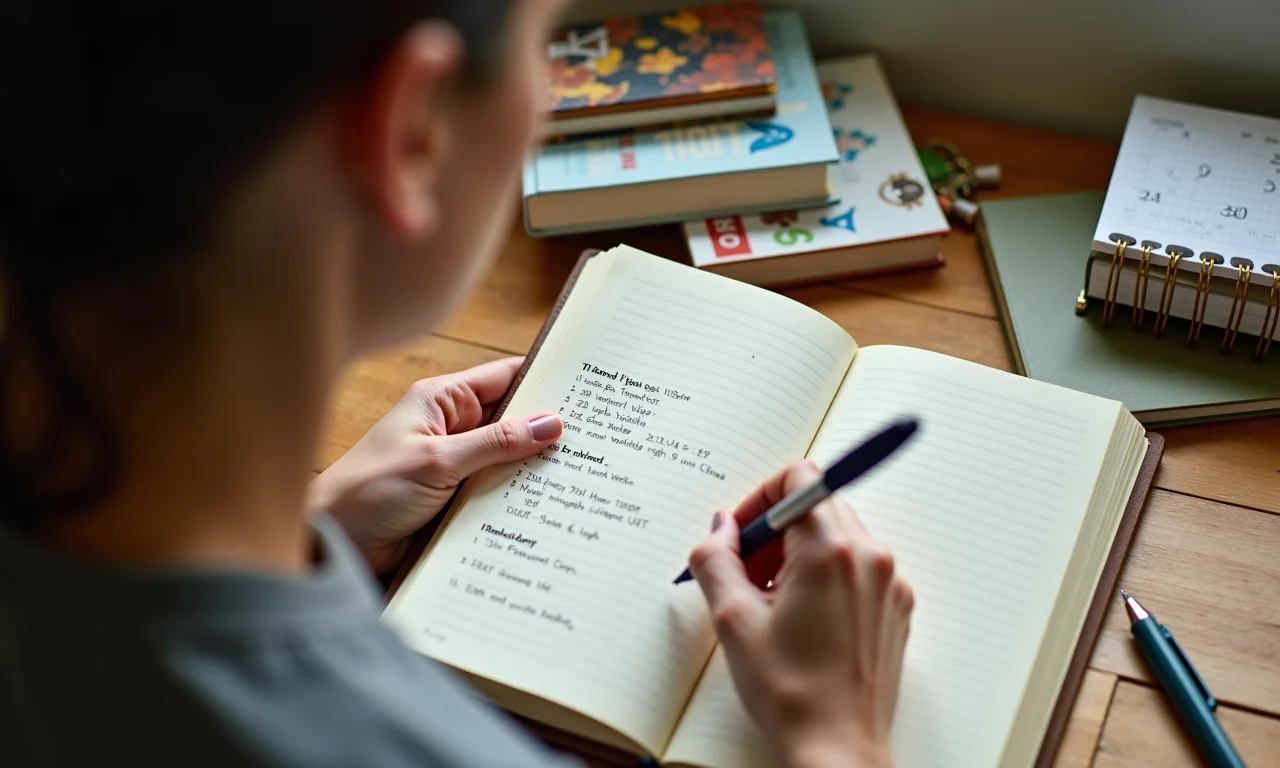 Mulher definindo metas de leitura em um caderno.