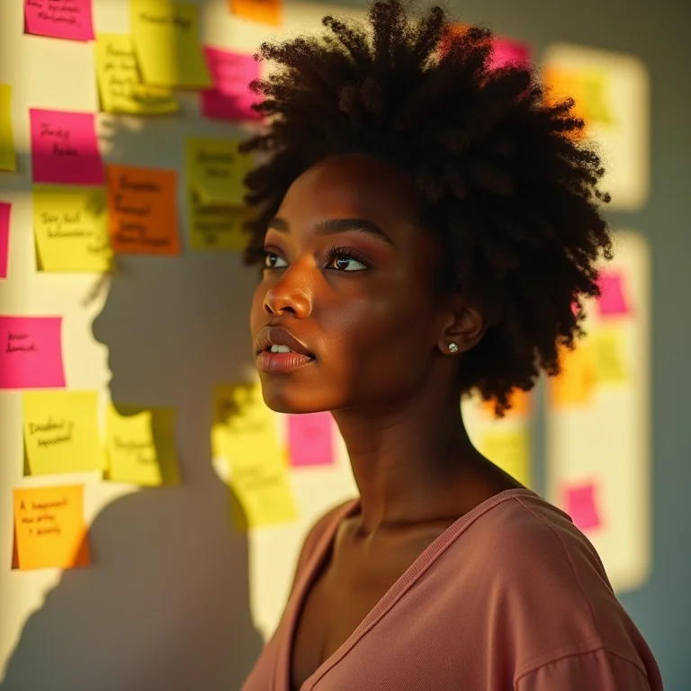 Mulher desafiando pensamentos negativos escritos em notas adesivas