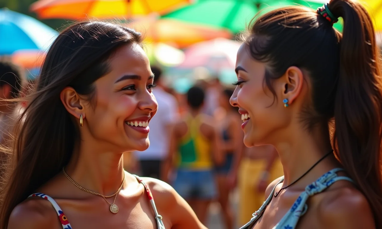 Mulher descobrindo interesses em comum durante conversa em festival brasileiro.