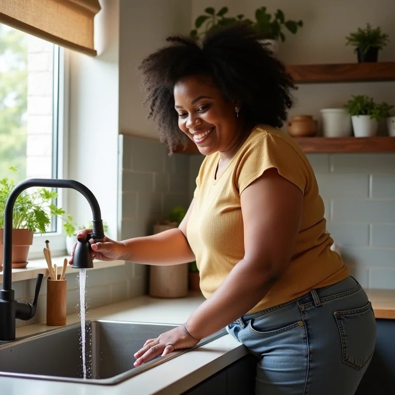 Mulher desentupindo a pia com um sorriso