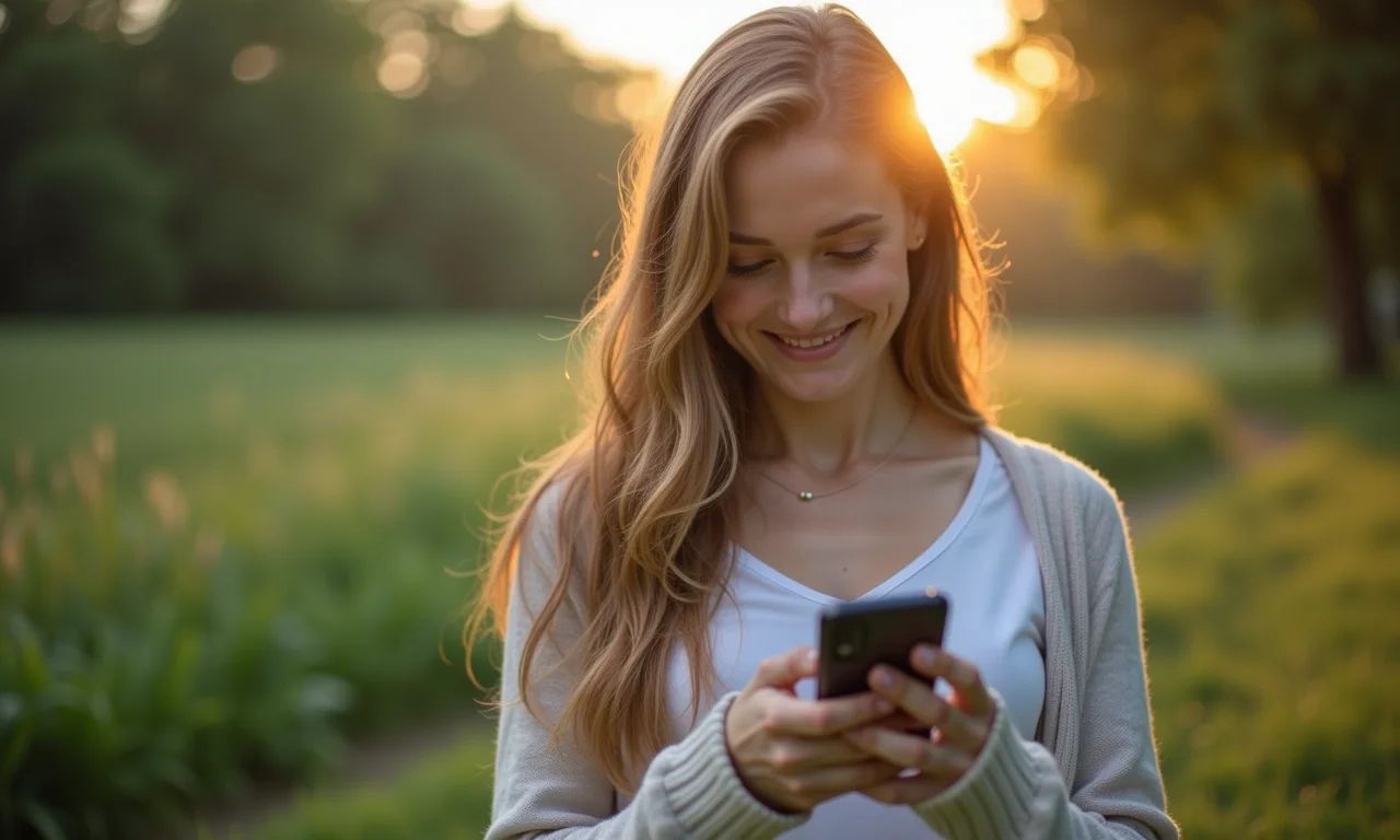 Mulher desligando o celular, conectada com a natureza, buscando desconexão.
