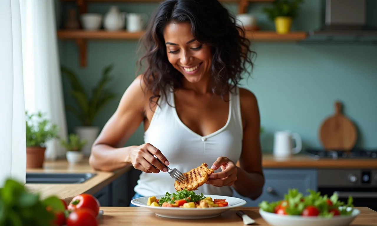 Mulher diversa comendo frango grelhado e salada.