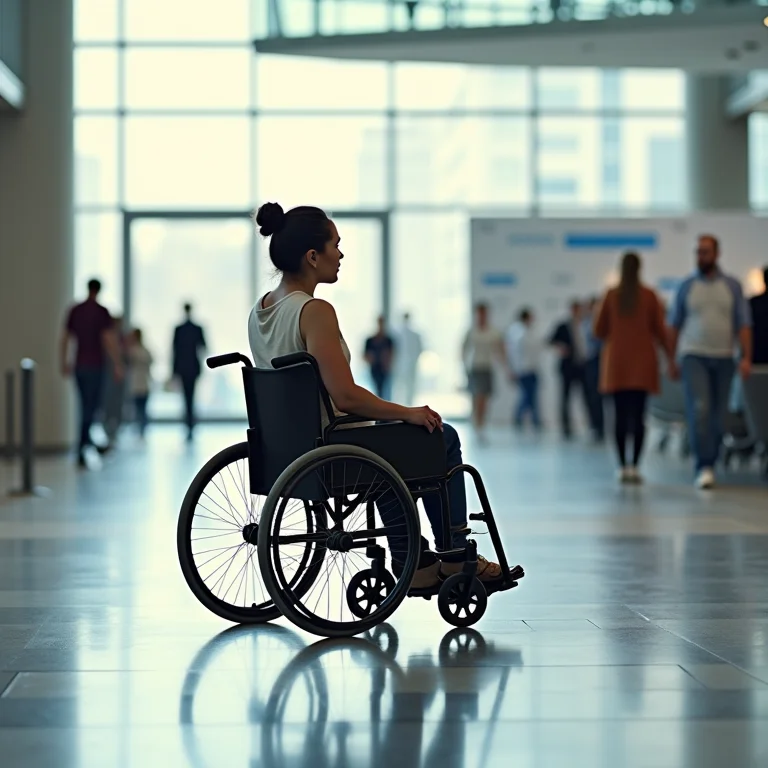Mulher em cadeira de rodas transitando facilmente em um piso plano, representando a acessibilidade.