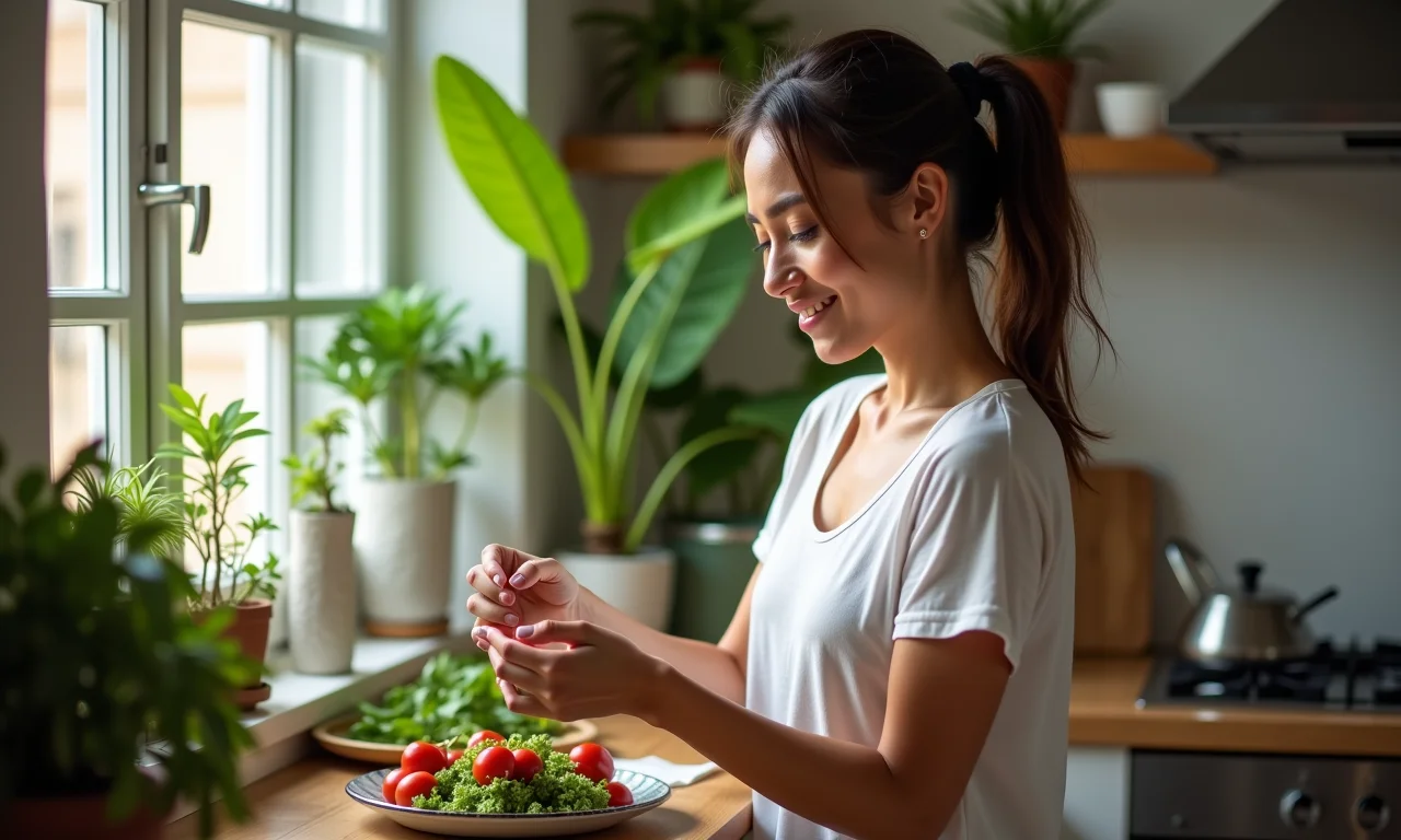 Mulher em cozinha tranquila preparando refeição, expressando serenidade e gratidão.