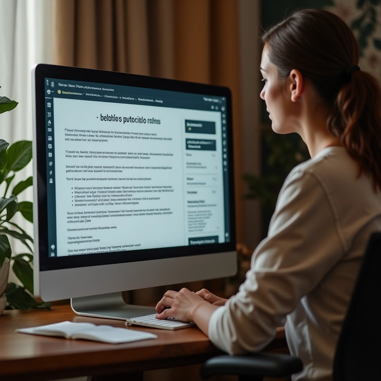 Mulher em escritório em casa analisando modelo de procuração particular.