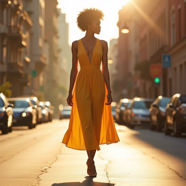 Mulher em vestido de viscose andando na rua.