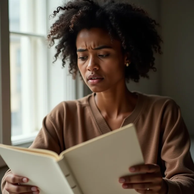 Mulher encarando uma página em branco do diário, sem saber o que escrever.