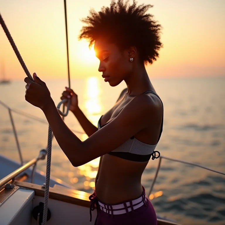 Mulher enrolando corda de âncora no convés de um barco