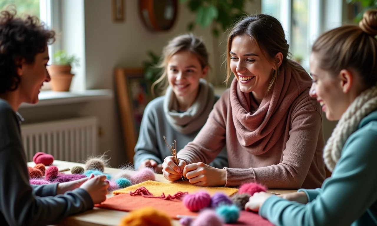 Mulher ensinando feltragem a amigas em estúdio colorido.