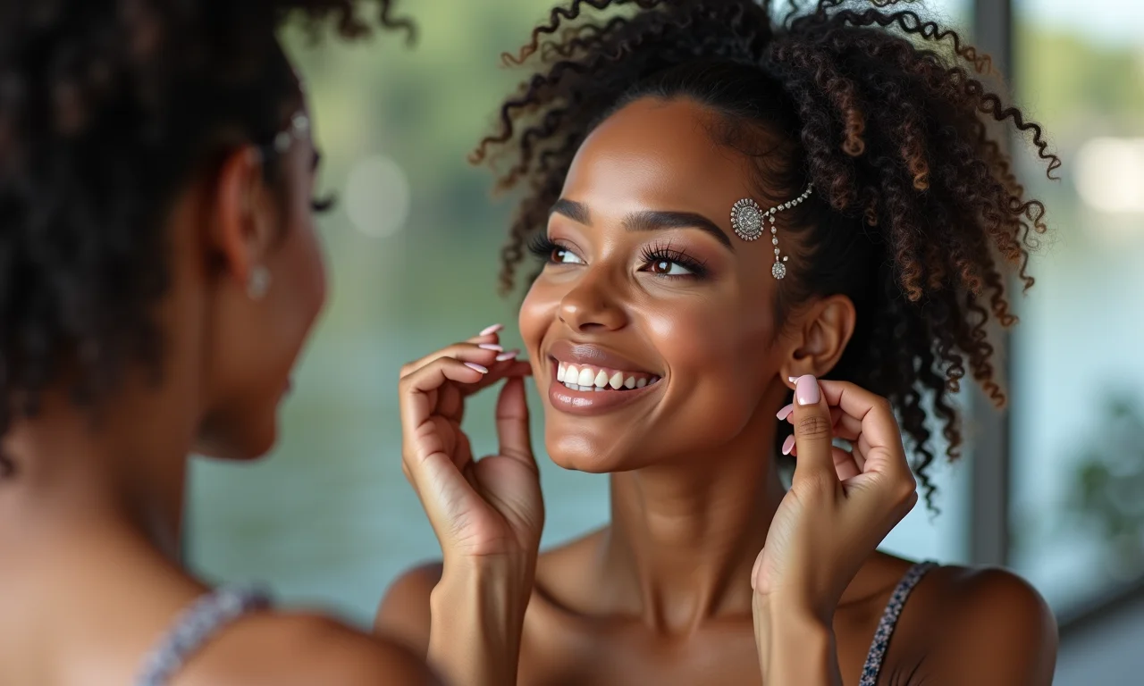 Mulher escolhendo acessórios de cabelo com brilho.