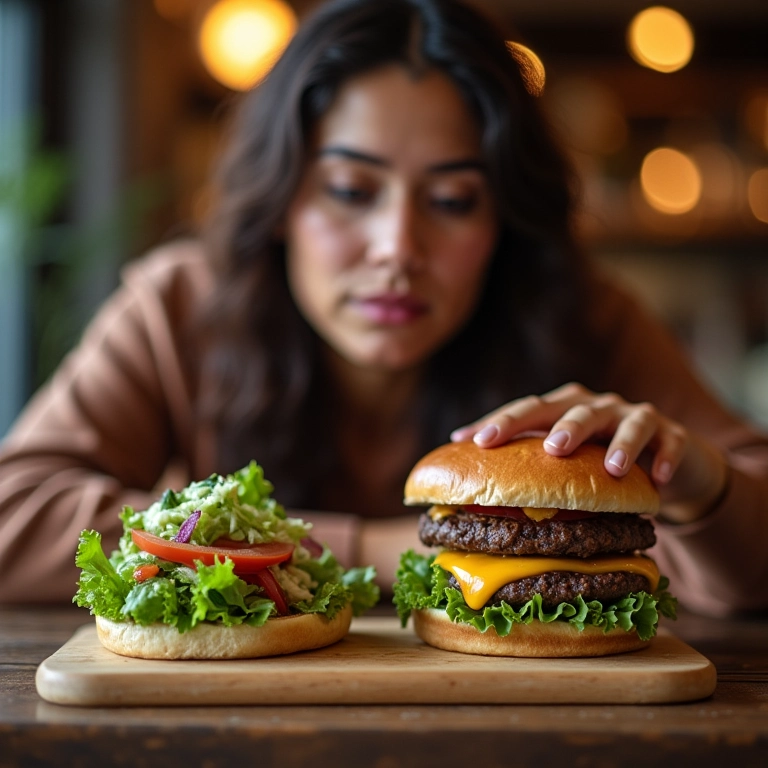 Mulher escolhendo entre salada e hambúrguer no jantar.