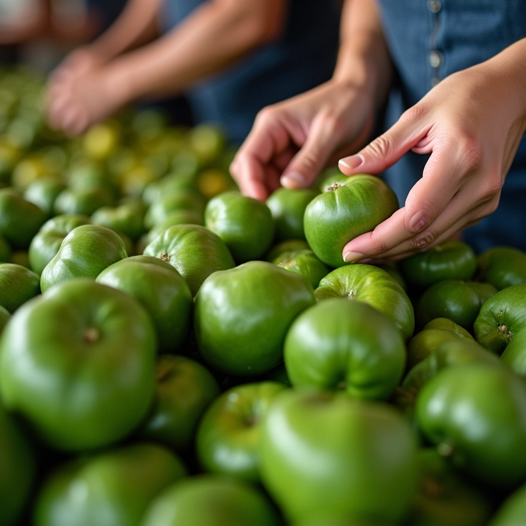 Mulher escolhendo maxixes frescos na feira, foco na qualidade.