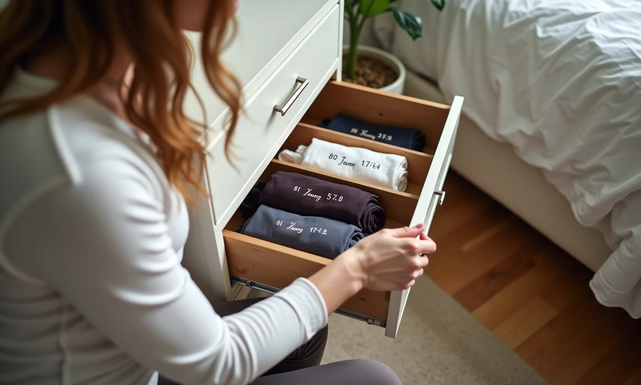 Mulher escolhendo meias-calças, comparando tamanhos.