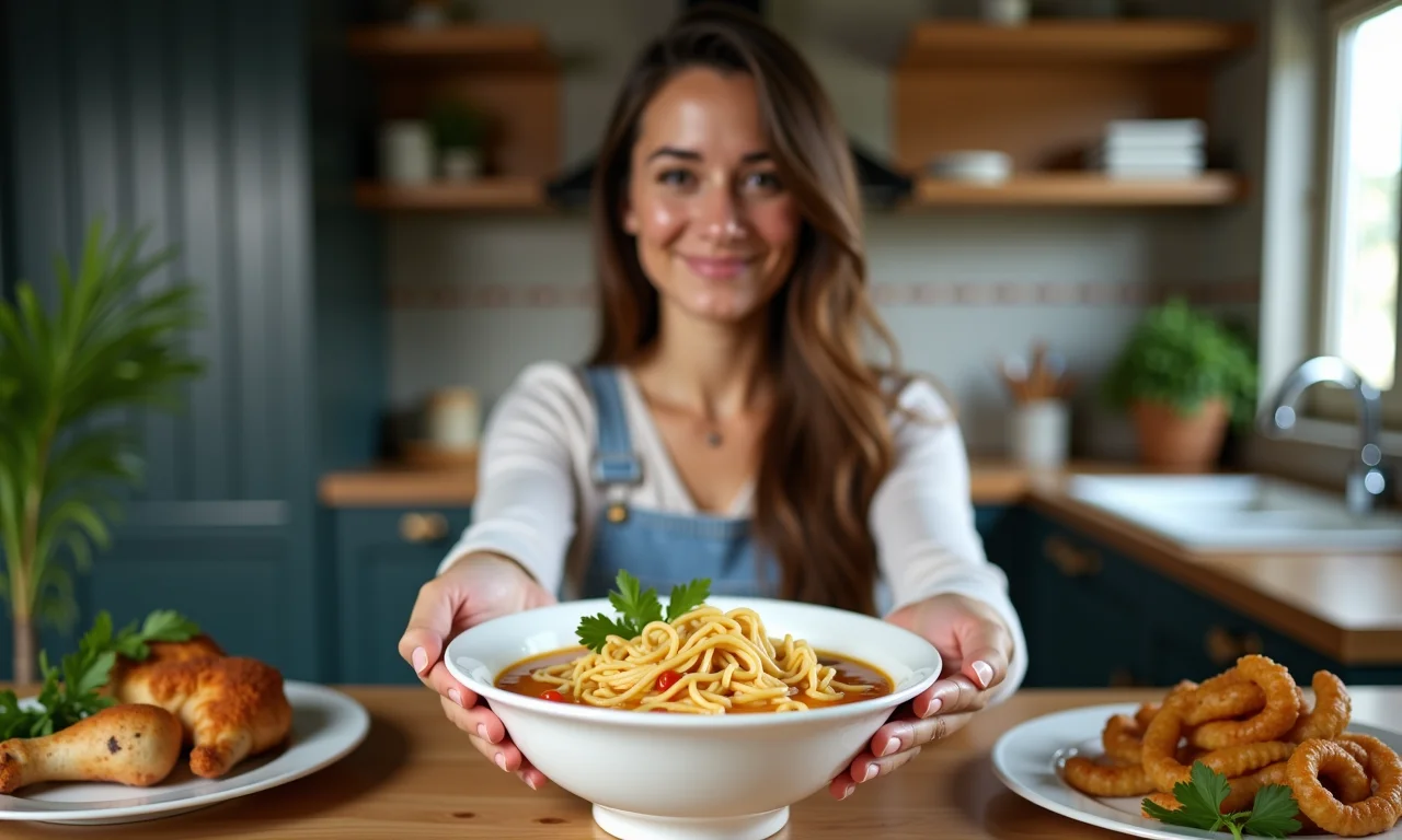 Mulher escolhendo sopa de macarrão com frango em uma cozinha aconchegante.