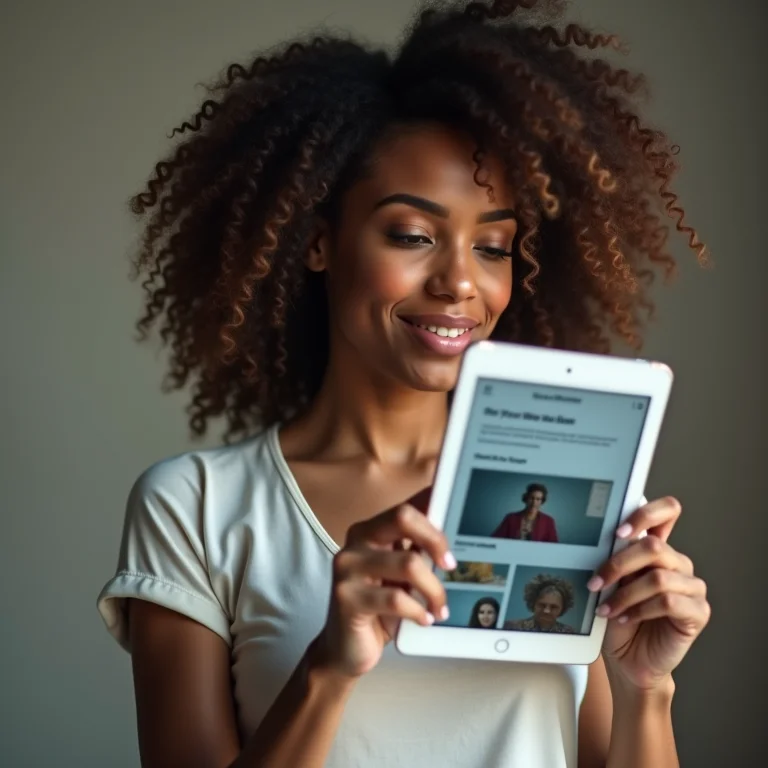 Mulher escolhendo um museu virtual em um tablet.