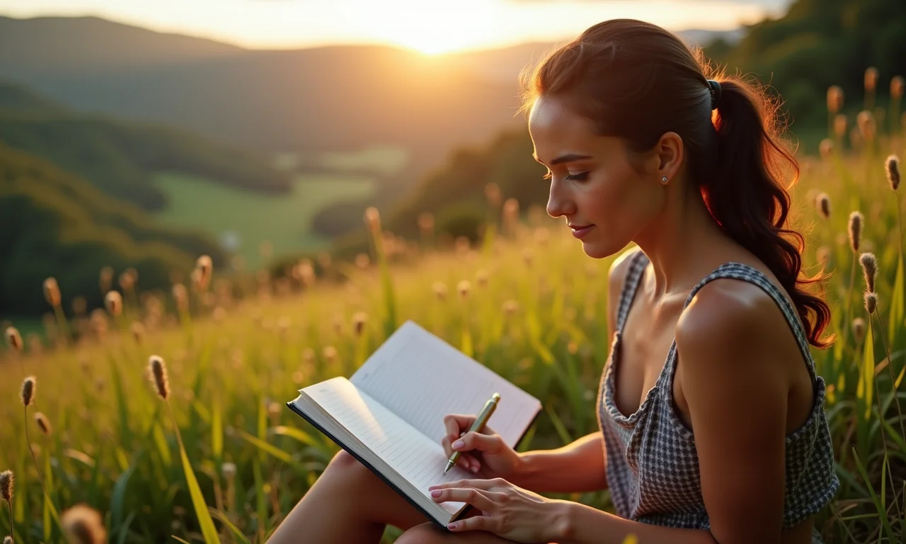 Mulher escrevendo em diário ao ar livre, refletindo sobre autoconhecimento.